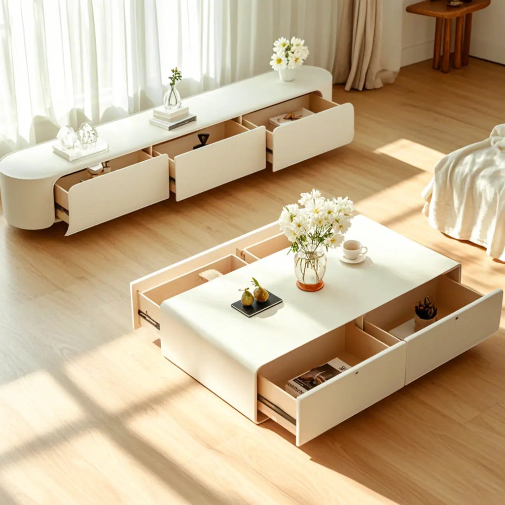 Table basse rectangulaire blanche, élégante et minimaliste, avec 4 tiroirs