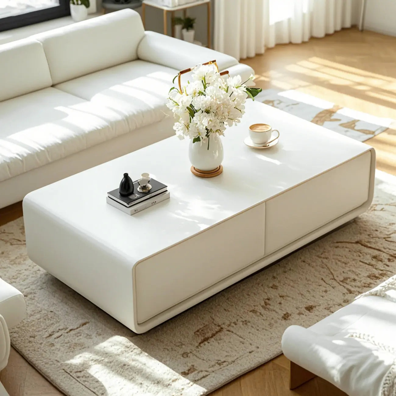 Table basse rectangulaire blanche, élégante et minimaliste, avec 4 tiroirs