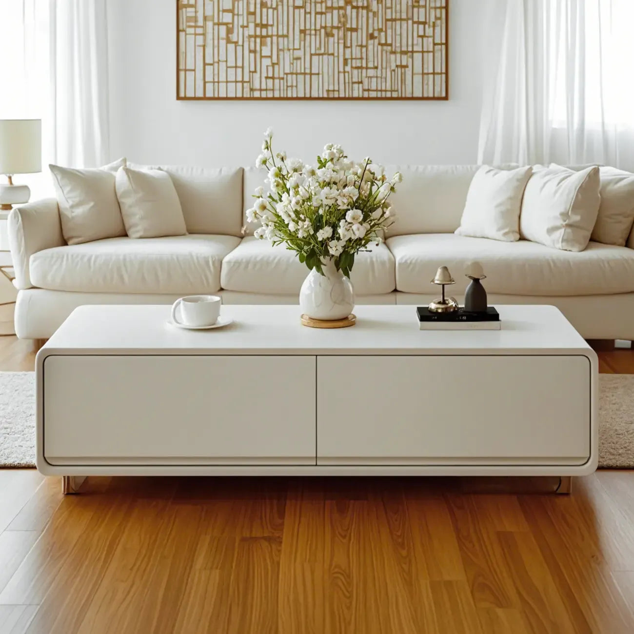 Table basse rectangulaire blanche, élégante et minimaliste, avec 4 tiroirs