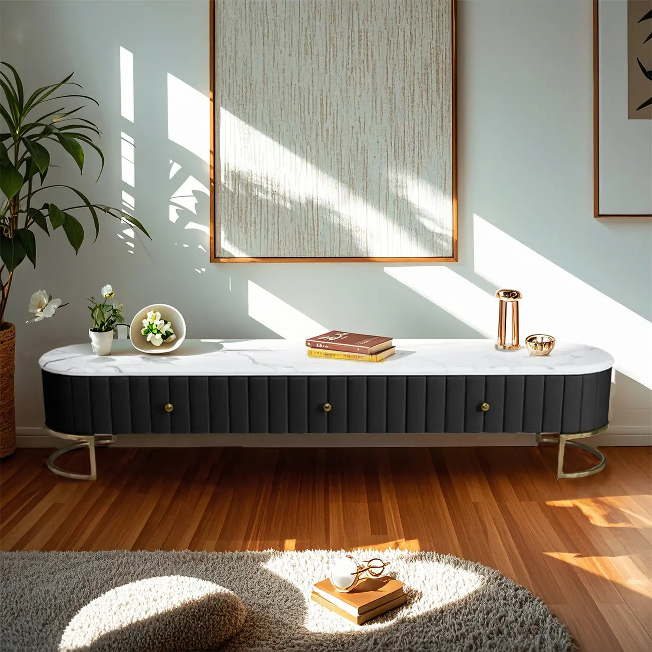 Meuble TV moderne en faux marbre avec tiroirs pour salon