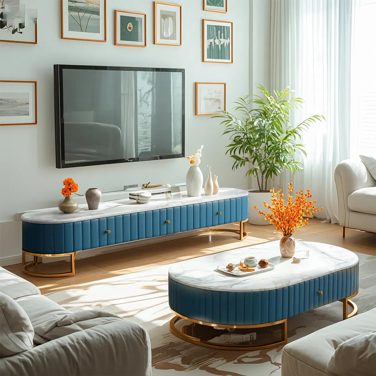Meuble TV moderne en faux marbre avec tiroirs pour salon