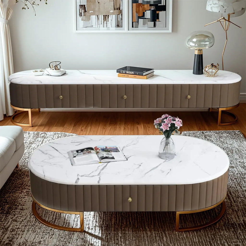Meuble TV moderne en faux marbre avec tiroirs pour salon