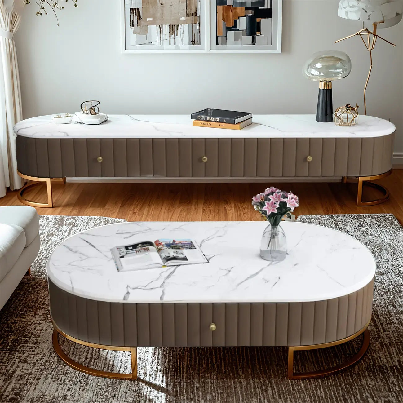 Meuble TV moderne en faux marbre avec tiroirs pour salon