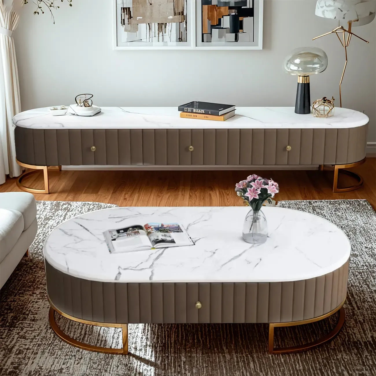Meuble TV moderne en faux marbre avec tiroirs pour salon