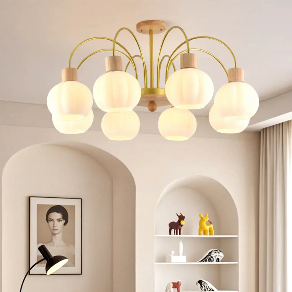 Lustre en verre blanc avec arche dorée, accents de bois et sphère en verre blanc