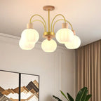 Lustre en verre blanc avec arche dorée, accents de bois et sphère en verre blanc