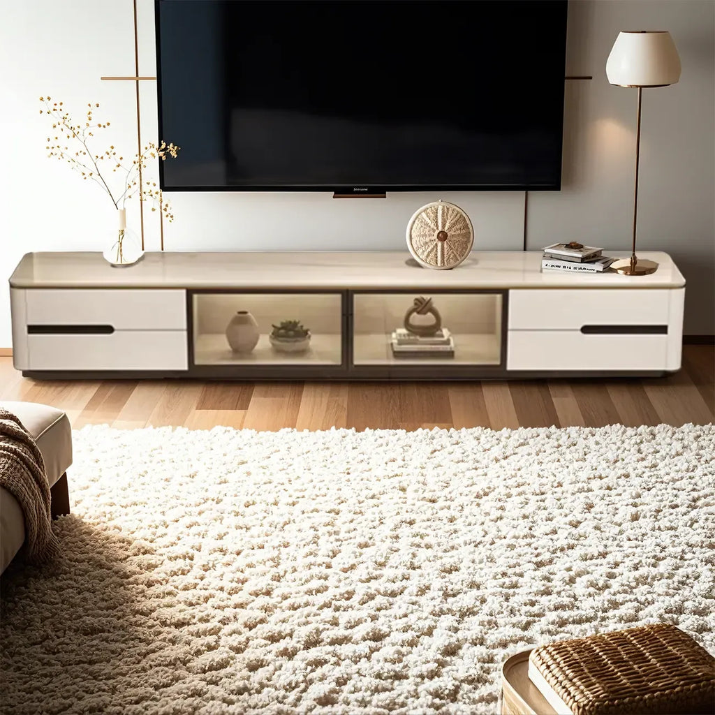 70.9 Mobile TV con cassetti multipli in pietra grigia con gestione cavi
