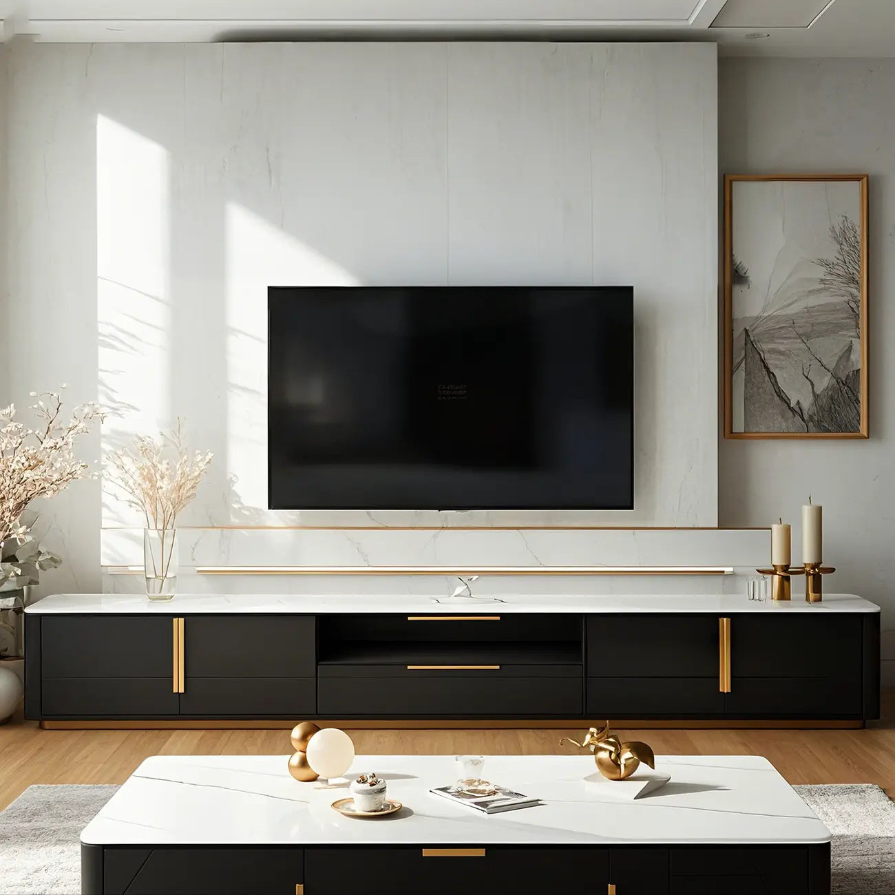 Meuble TV de luxe en pierre noire avec poignées dorées et armoire de rangement
