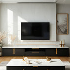 Meuble TV de luxe en pierre noire avec poignées dorées et armoire de rangement