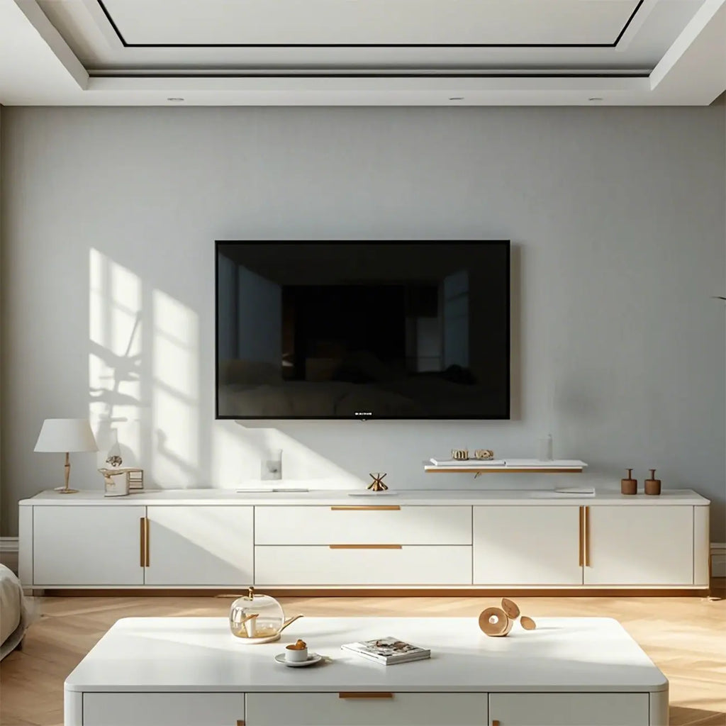 Meuble TV de luxe en pierre noire avec poignées dorées et armoire de rangement