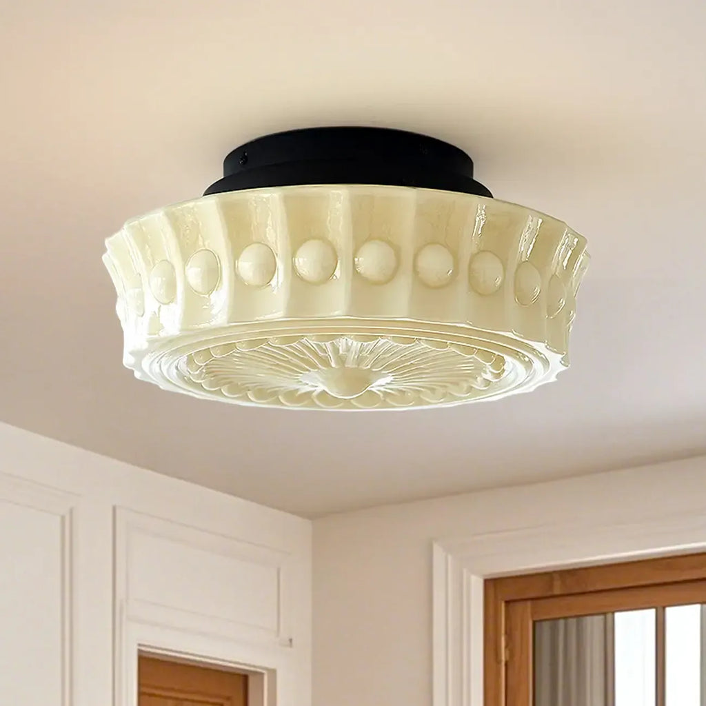 Plafonnier semi-encastré vintage rond en verre beige