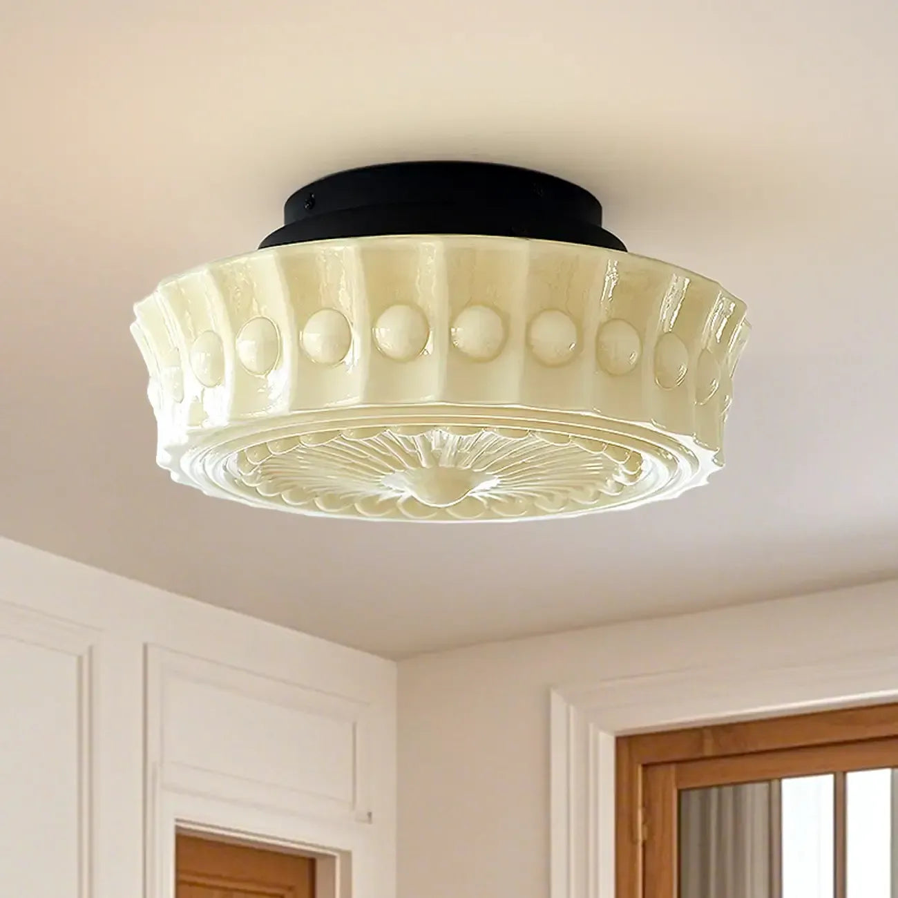 Plafonnier semi-encastré vintage rond en verre beige
