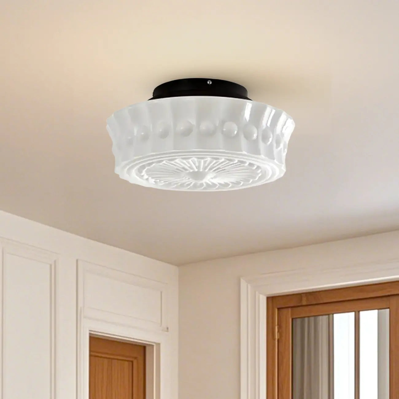 Plafonnier semi-encastré vintage rond en verre beige