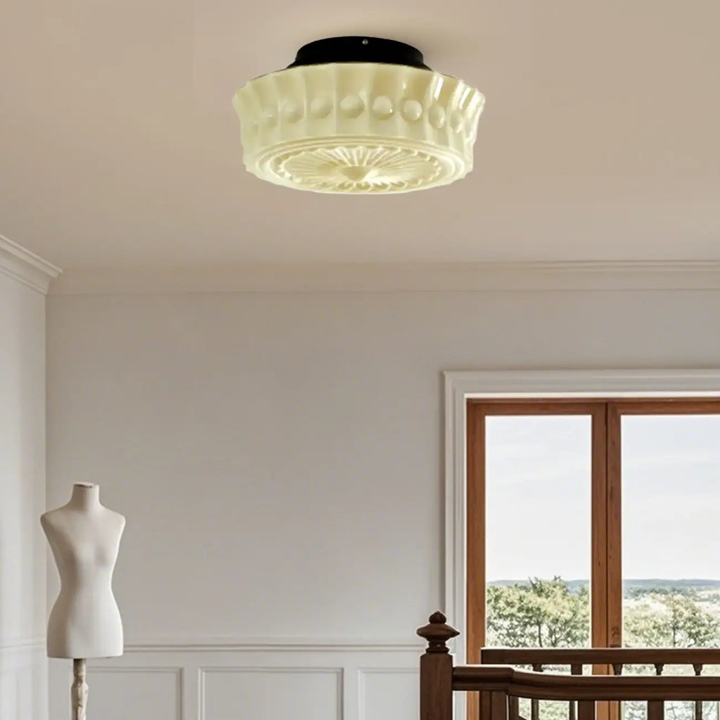 Plafonnier semi-encastré vintage rond en verre beige