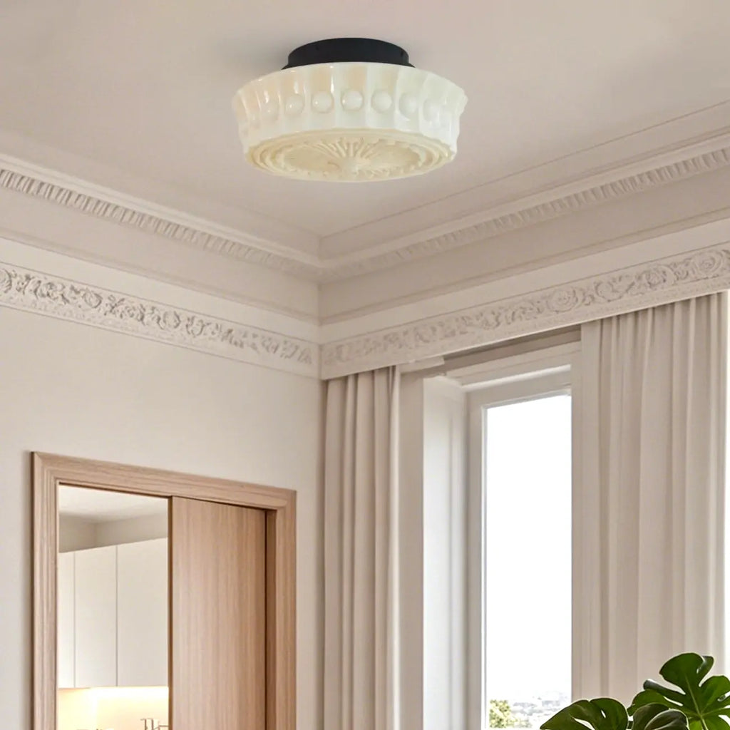 Plafonnier semi-encastré vintage rond en verre beige