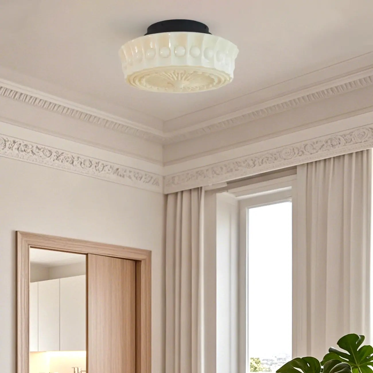 Plafonnier semi-encastré vintage rond en verre beige