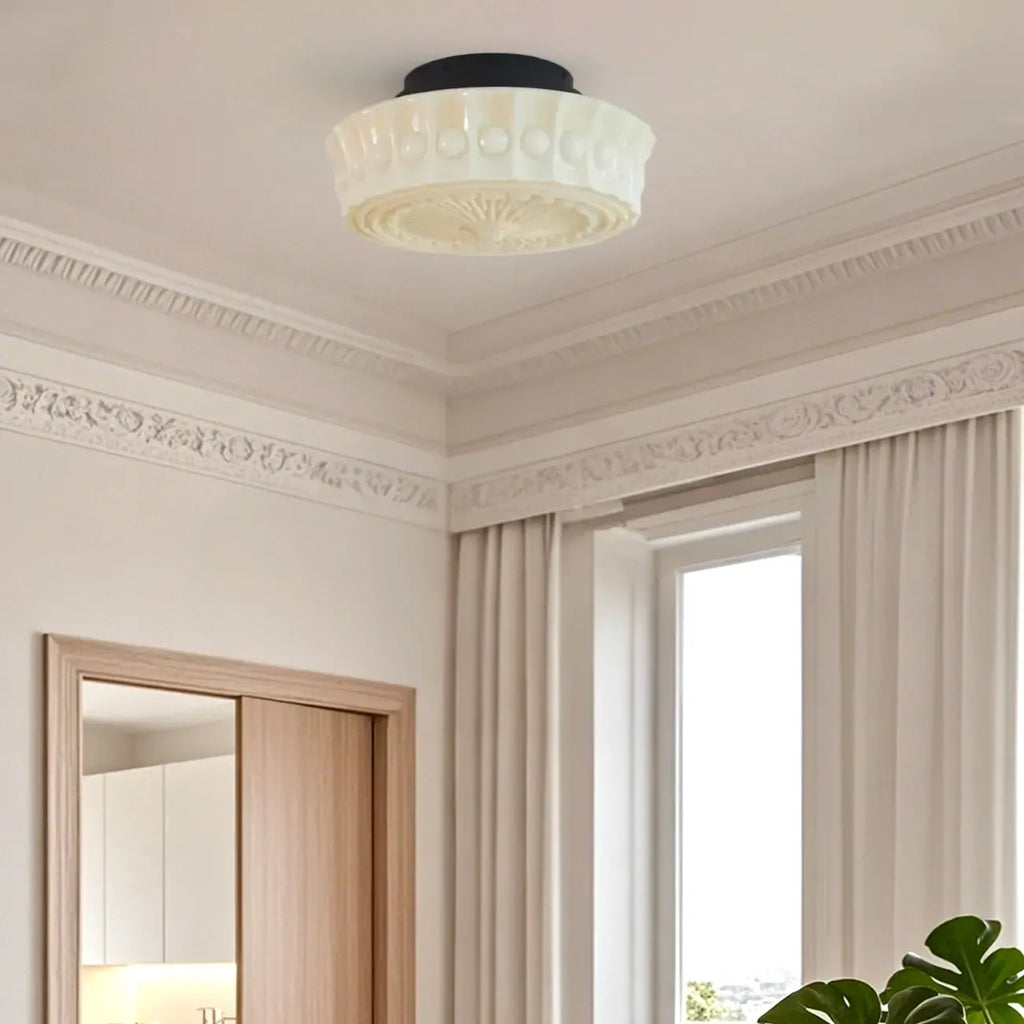 Plafonnier semi-encastré vintage rond en verre beige