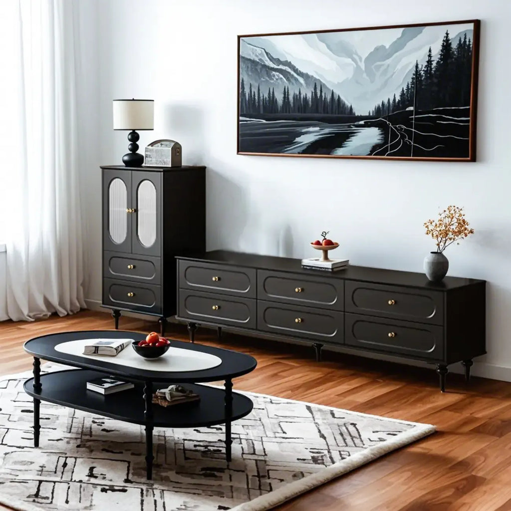 Élégant meuble d'appoint en bois noir avec tiroirs et portes