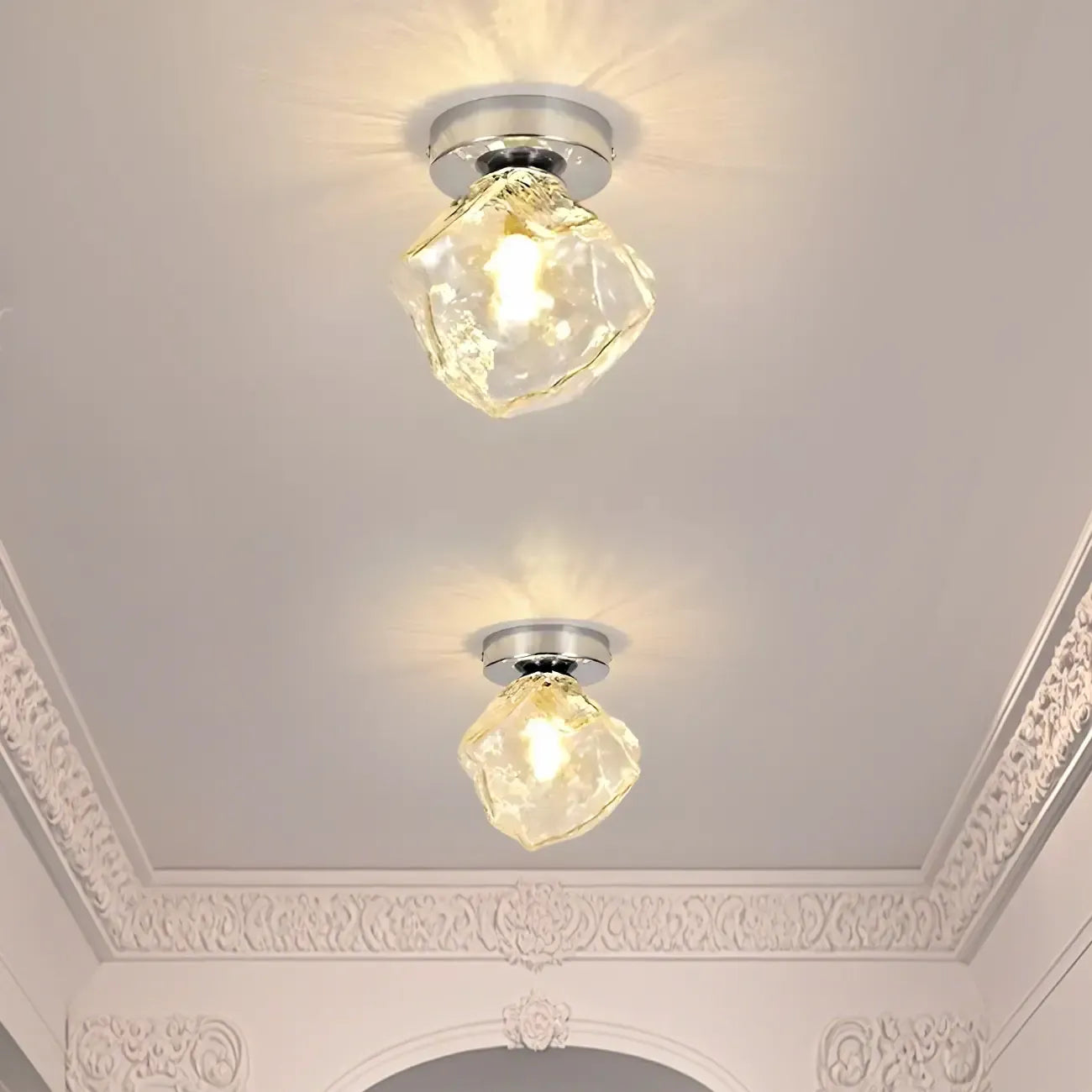 Plafonnier semi-encastré chromé en verre transparent, motif roche, pour couloir.