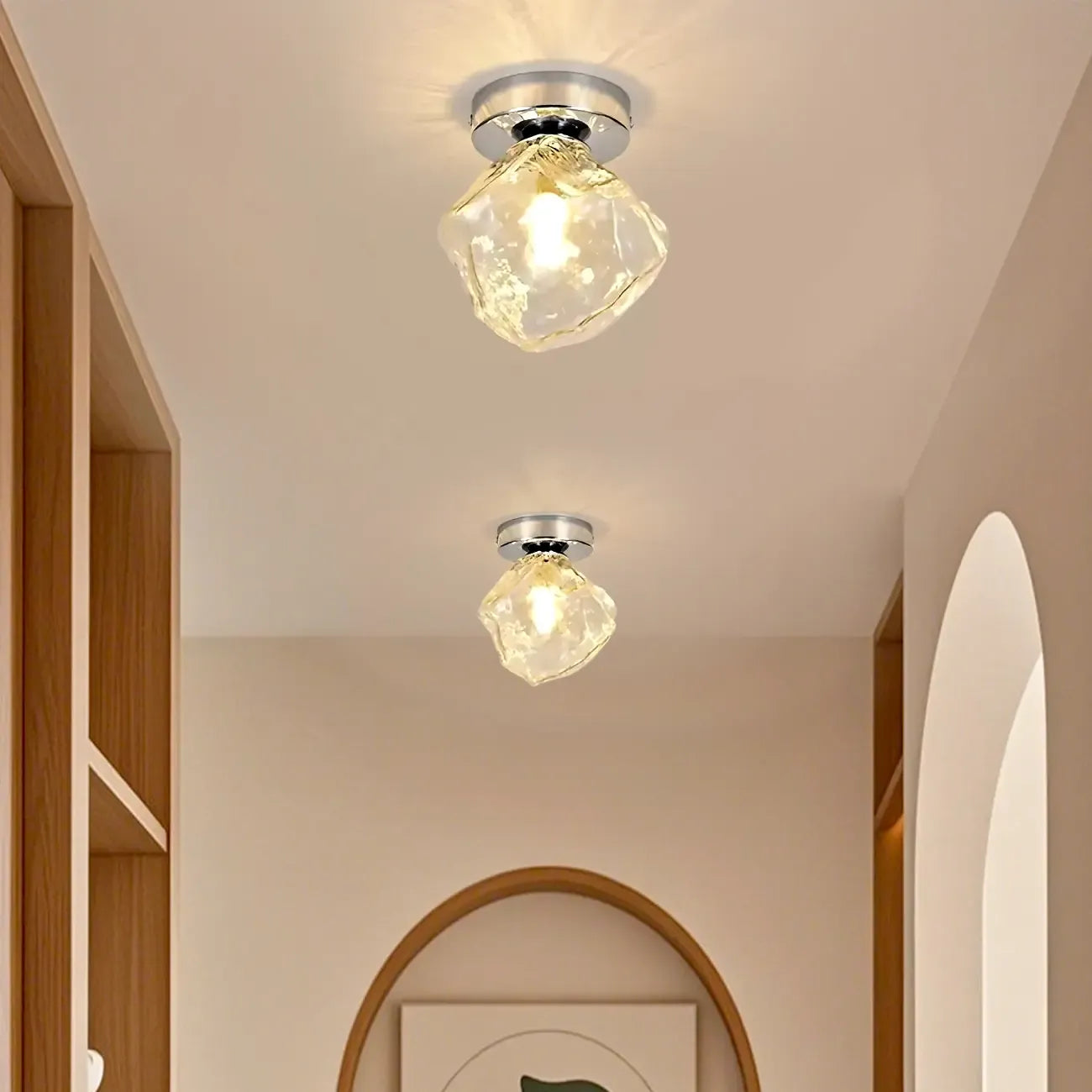 Plafonnier semi-encastré chromé en verre transparent, motif roche, pour couloir.