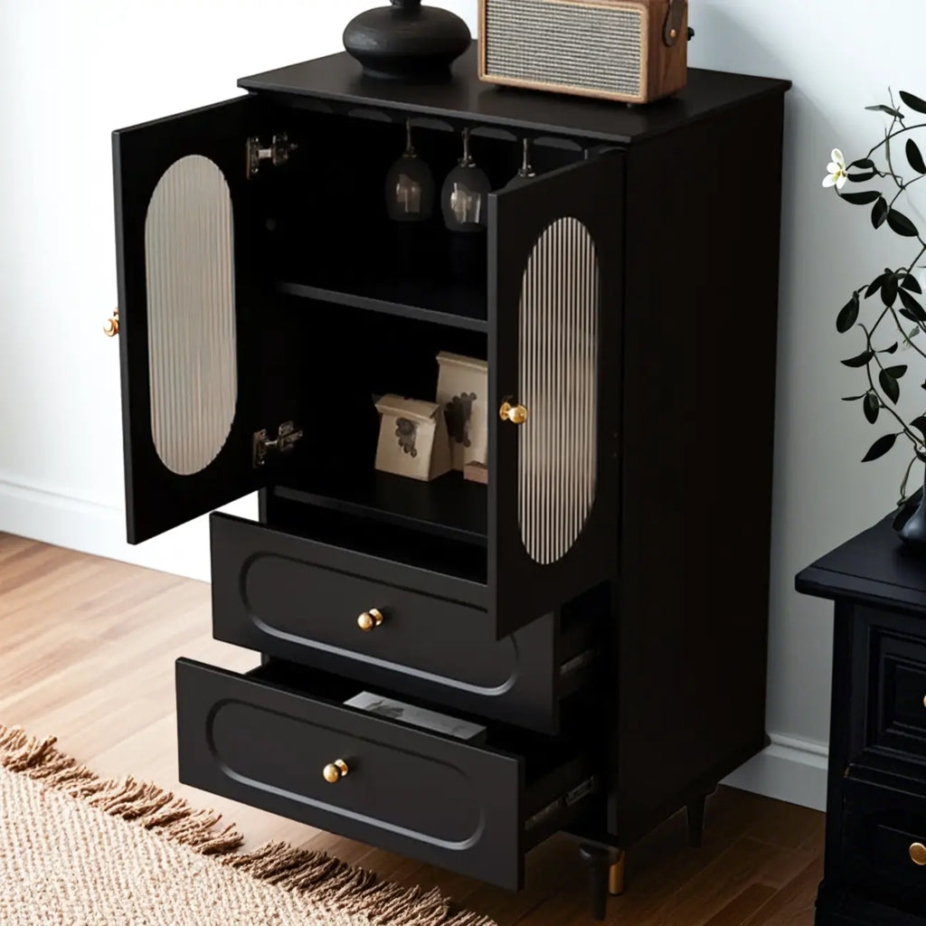 Élégant meuble d'appoint en bois noir avec tiroirs et portes