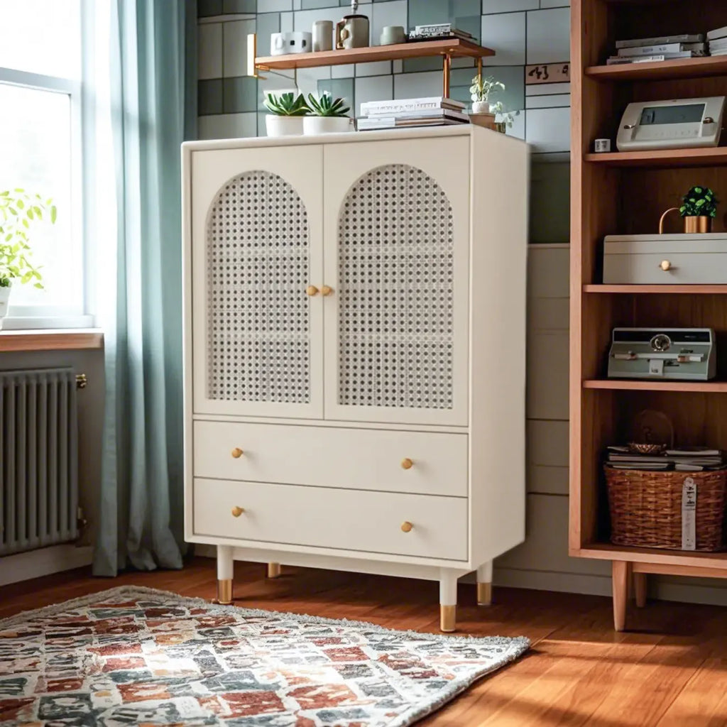 Meuble d'appoint moderne en bois massif beige avec 2 tiroirs