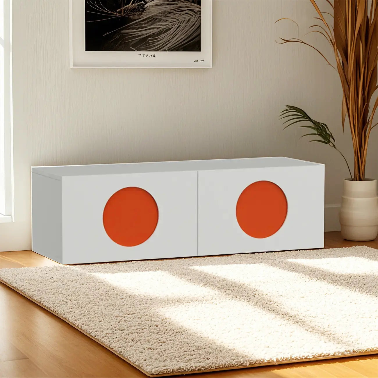 Meuble TV minimaliste en bois blanc à 4 placards pour salon