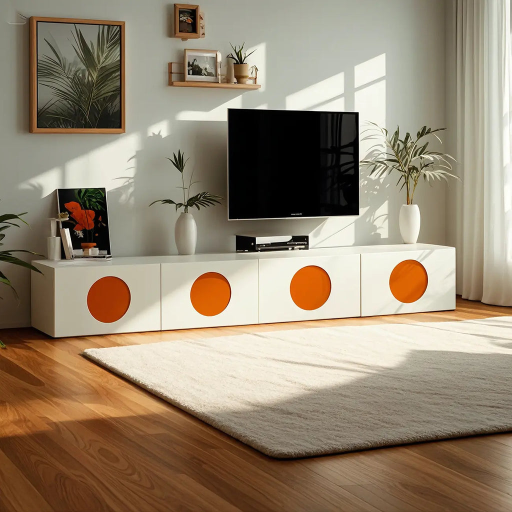 Meuble TV minimaliste en bois blanc à 4 placards pour salon