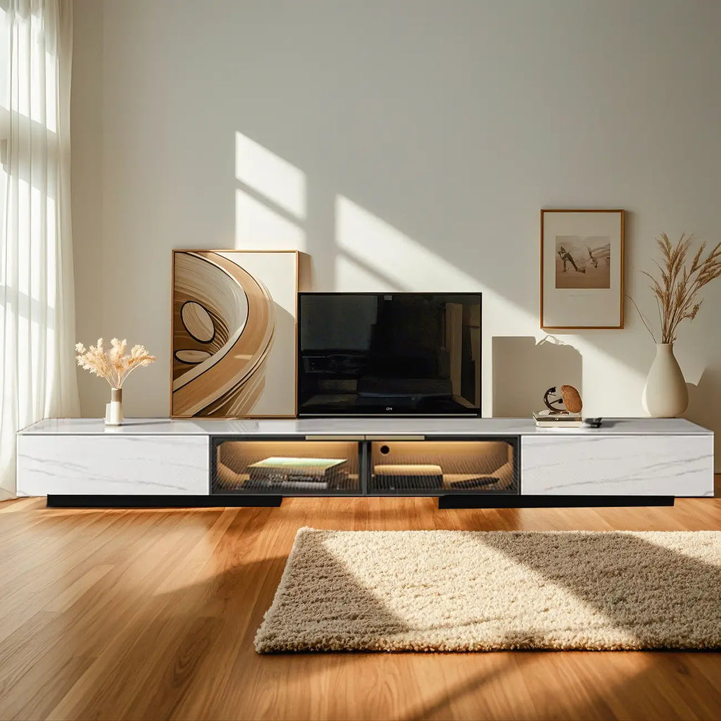 Meuble TV rectangulaire moderne en pierre noire avec tiroirs et éclairage LED