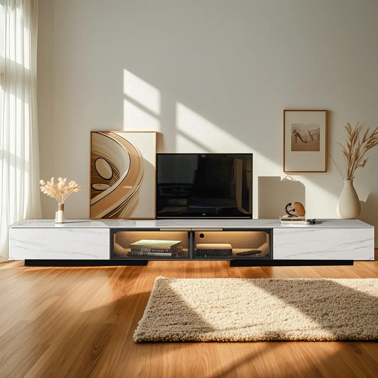 Meuble TV rectangulaire moderne en pierre noire avec tiroirs et éclairage LED