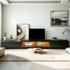 Meuble TV rectangulaire moderne en pierre noire avec tiroirs et éclairage LED