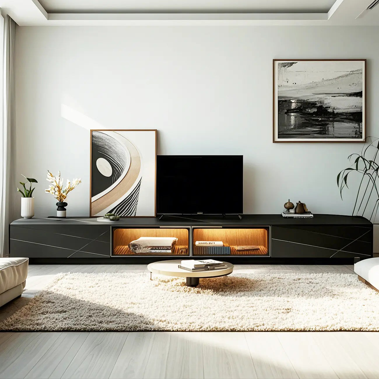 Meuble TV rectangulaire moderne en pierre noire avec tiroirs et éclairage LED