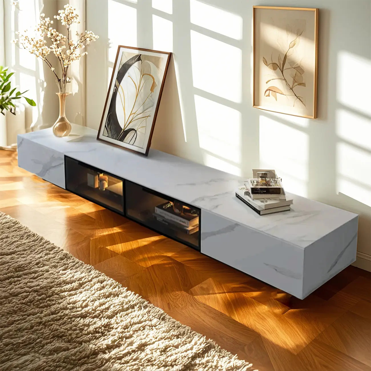 Meuble TV rectangulaire moderne en pierre noire avec tiroirs et éclairage LED