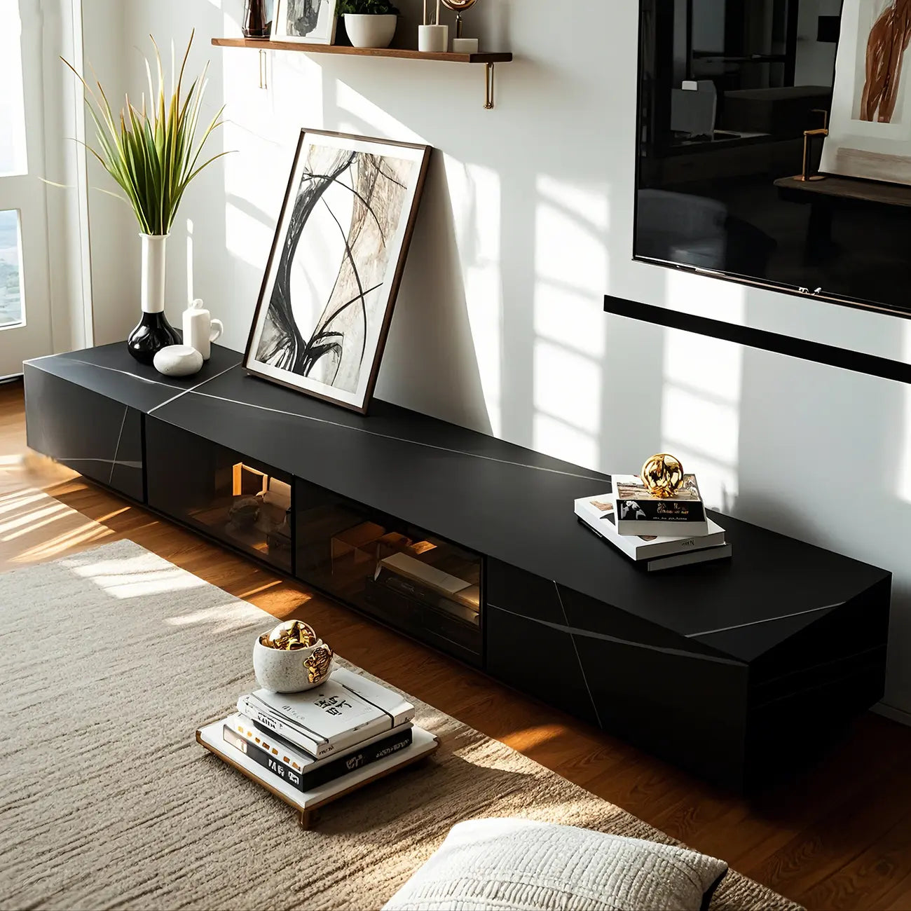 Meuble TV rectangulaire moderne en pierre noire avec tiroirs et éclairage LED