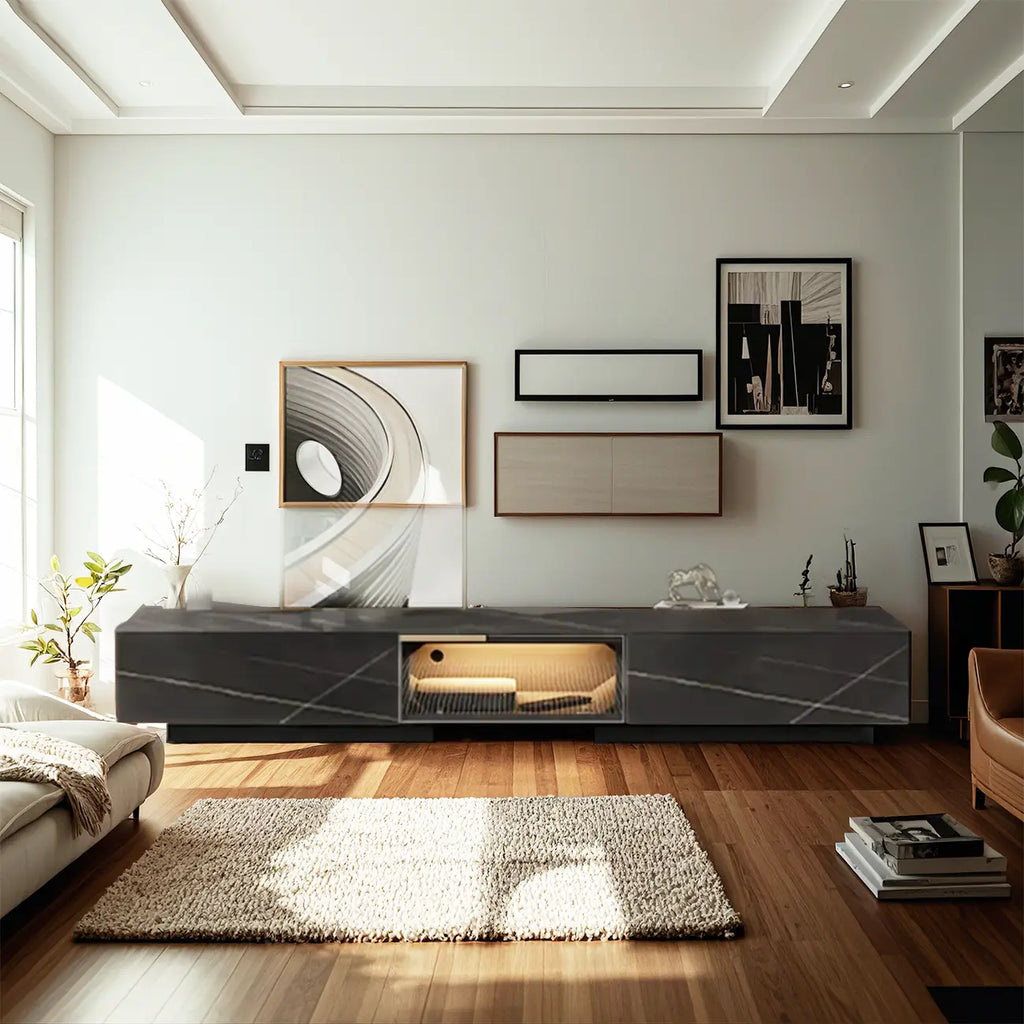 Meuble TV rectangulaire moderne en pierre noire avec tiroirs et éclairage LED