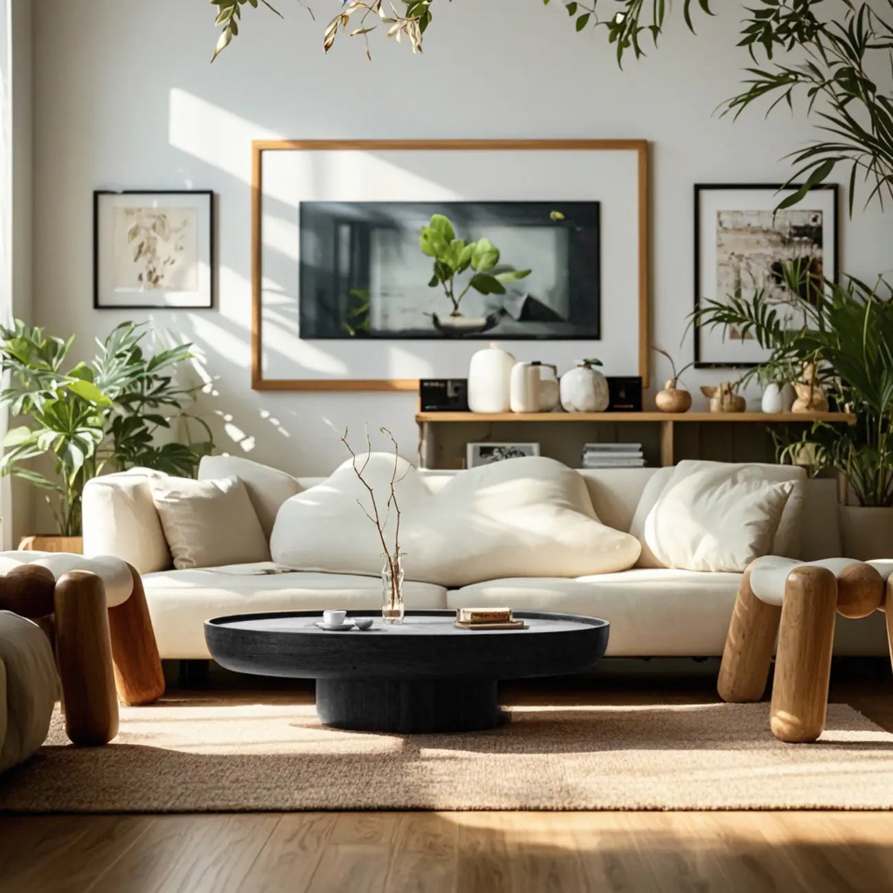 Table basse ronde moderne en fibre de verre noire avec plateau