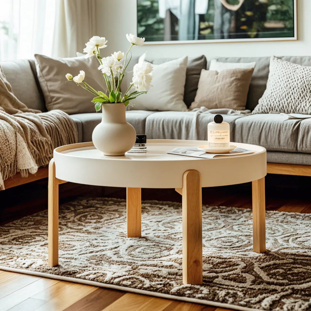 Table basse ronde minimaliste en bois beige avec plateau
