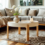 Table basse ronde minimaliste en bois beige avec plateau