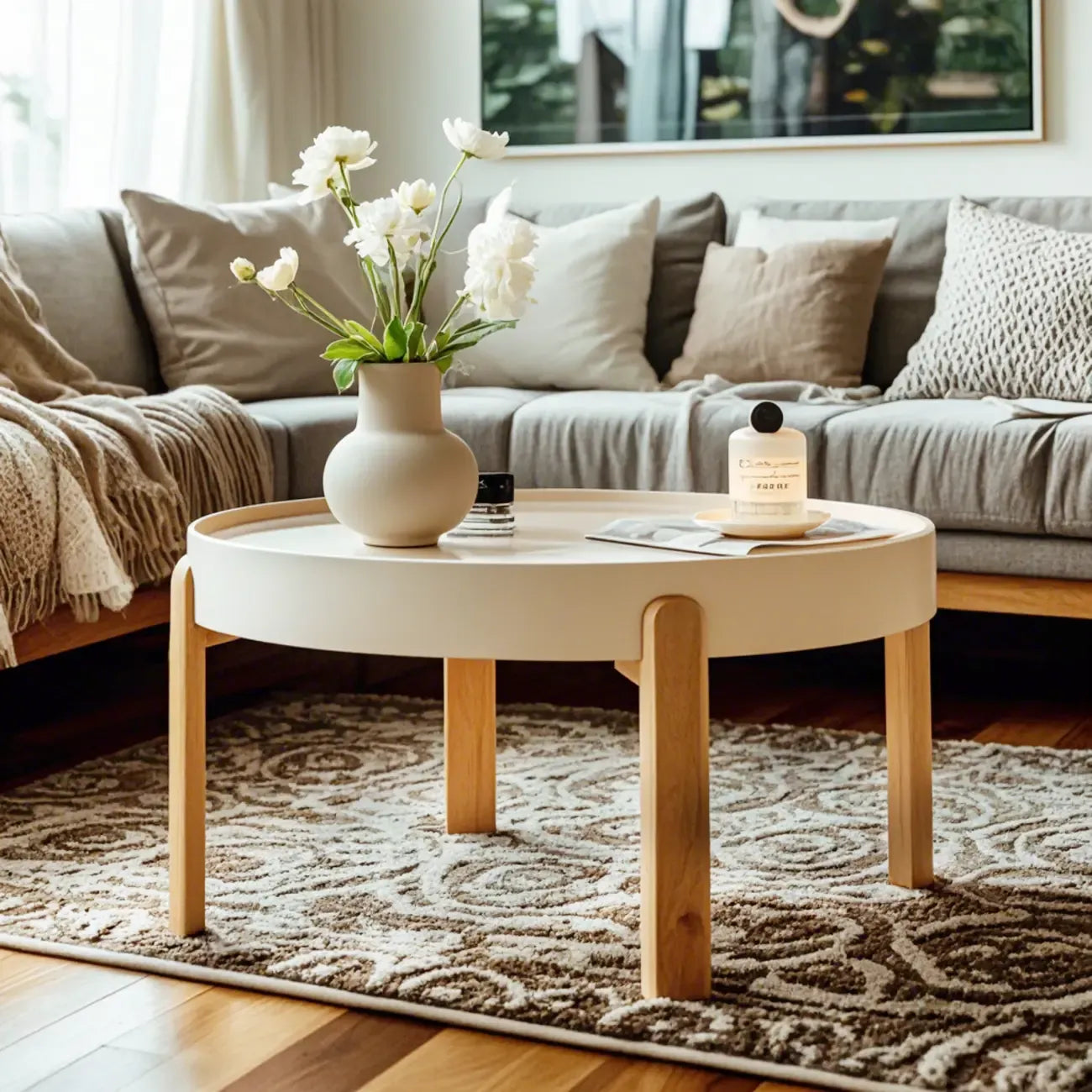 Table basse ronde minimaliste en bois beige avec plateau