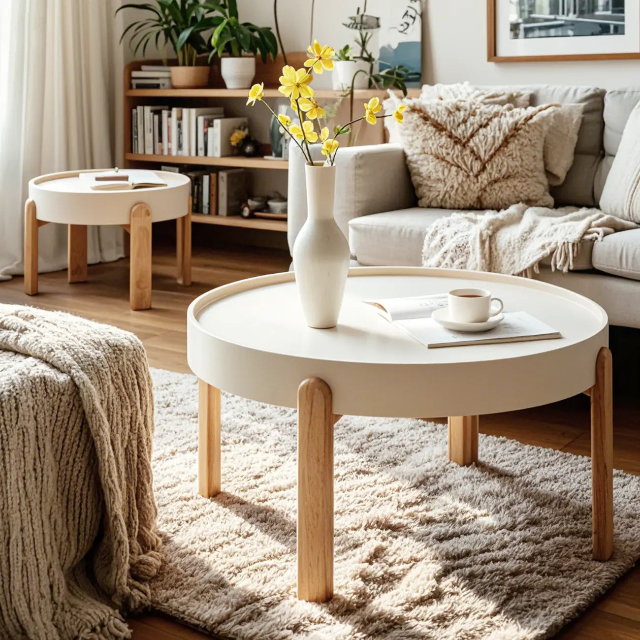 Table basse ronde minimaliste en bois beige avec plateau