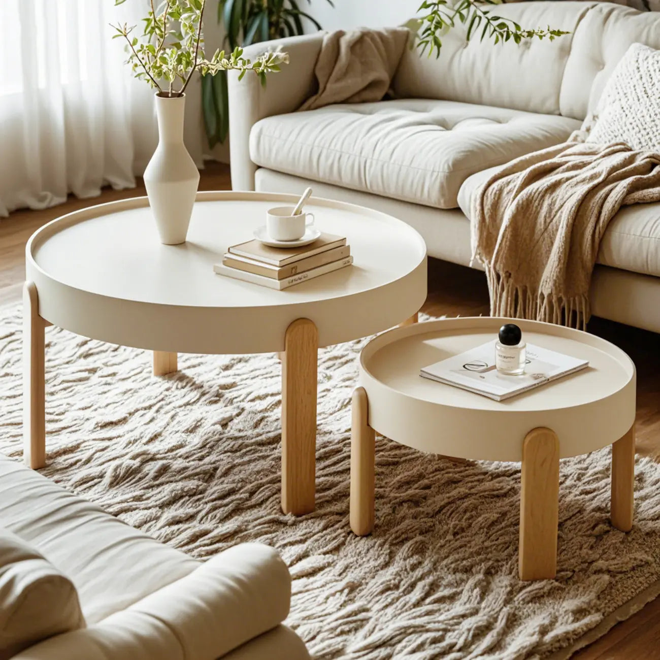 Table basse ronde minimaliste en bois beige avec plateau