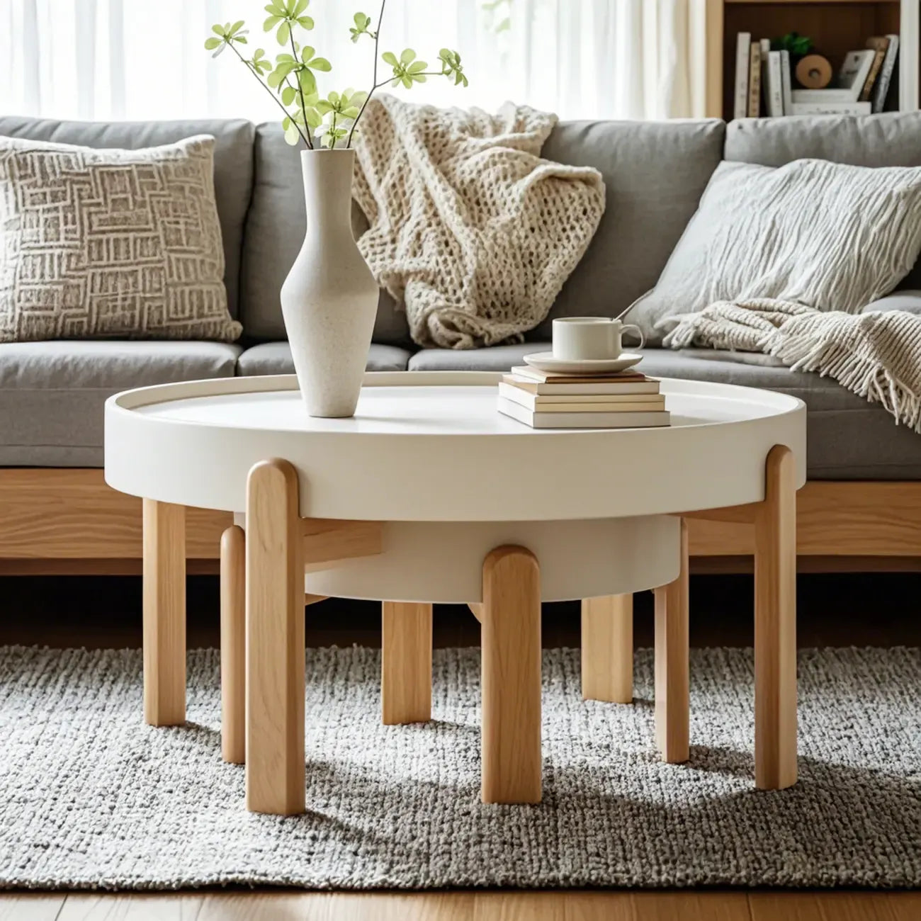 Table basse ronde minimaliste en bois beige avec plateau