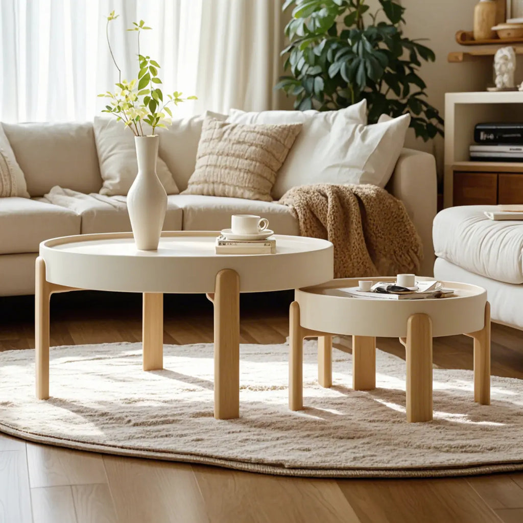 Table basse ronde minimaliste en bois beige avec plateau