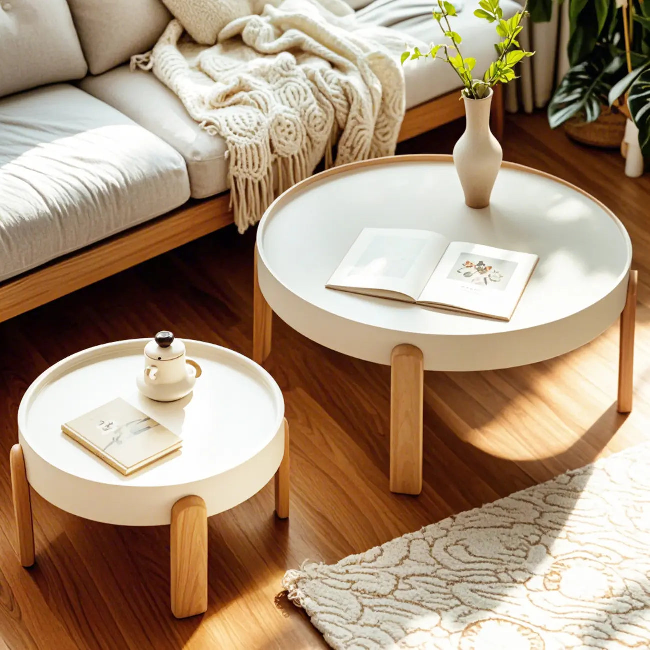 Table basse ronde minimaliste en bois beige avec plateau