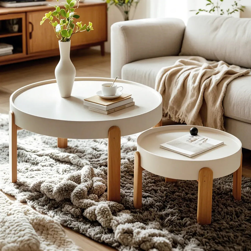 Table basse ronde minimaliste en bois beige avec plateau