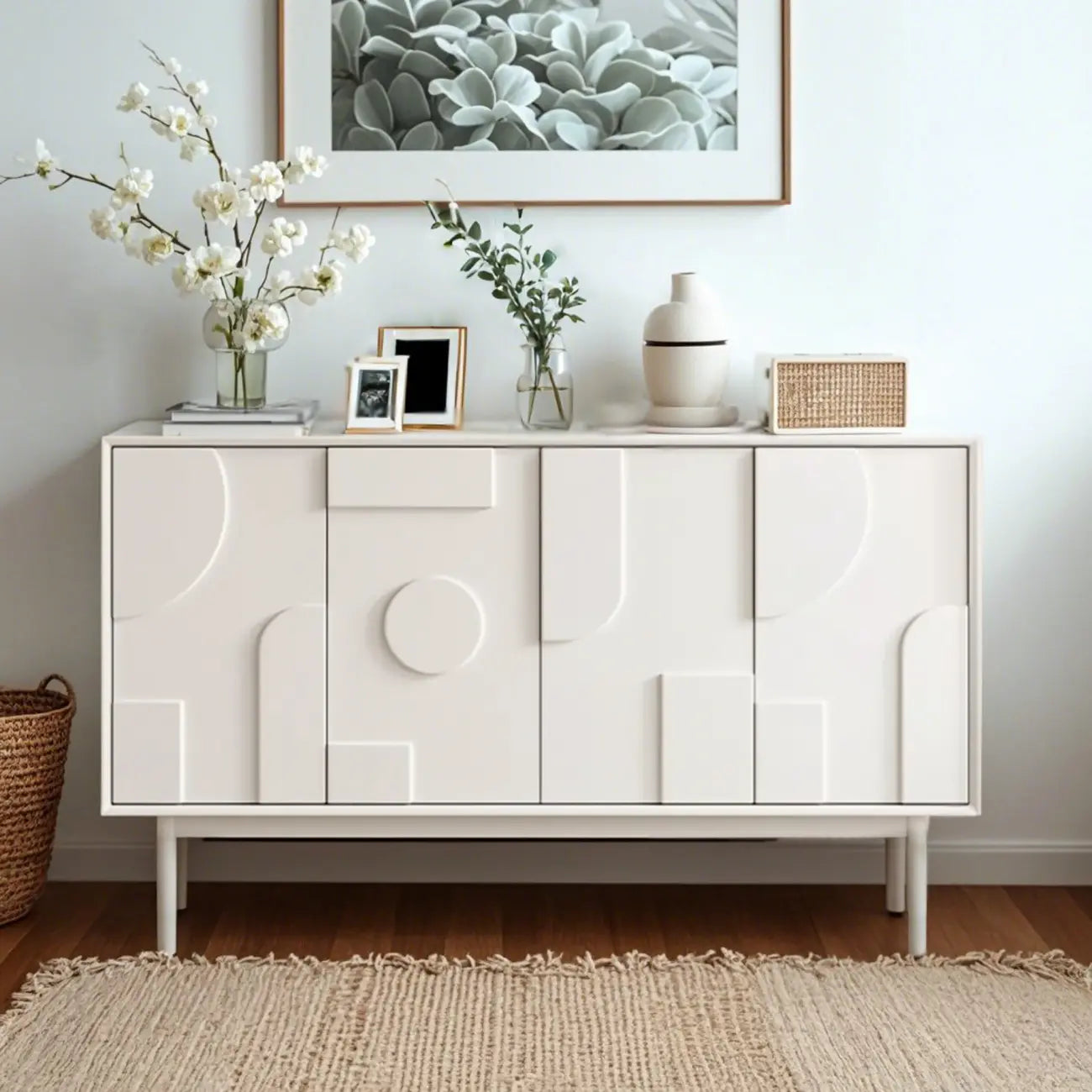 Meuble d'appoint minimaliste en bois blanc avec pieds droits