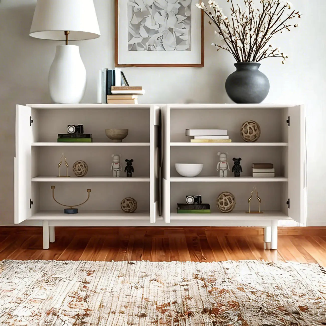 Meuble d'appoint minimaliste en bois blanc avec pieds droits
