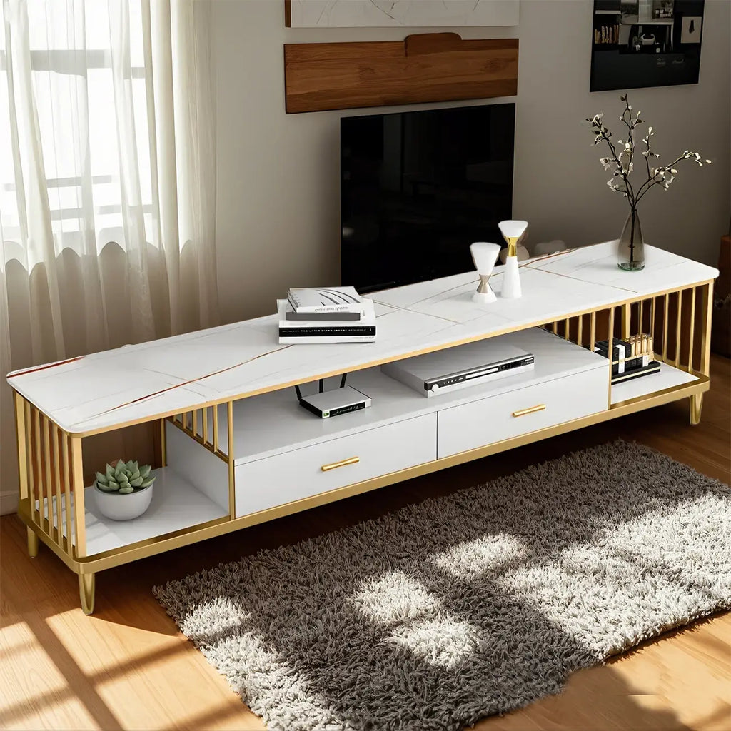 Meuble TV de luxe en métal blanc avec rangement ouvert et tiroirs
