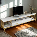 Meuble TV de luxe en métal blanc avec rangement ouvert et tiroirs