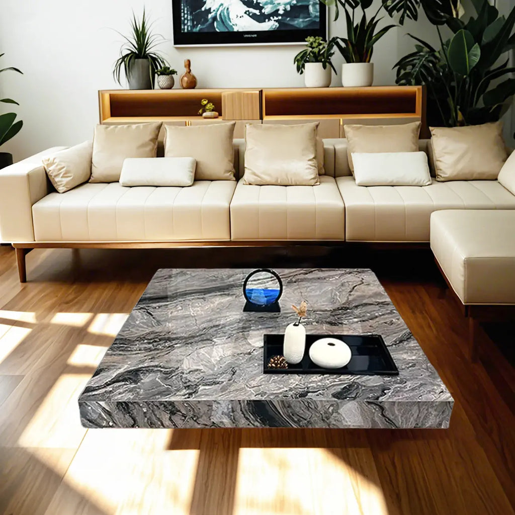 Table basse carrée grise moderne avec piètement en acier inoxydable